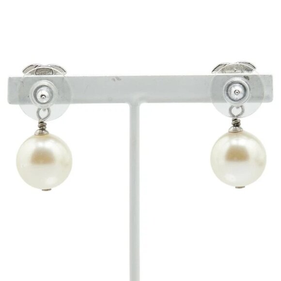 CHANEL CC Logos Rhinestone Pearl Drop Stud Earrings Silver Tone A20V Auth w/Box - Picture 4 of 7